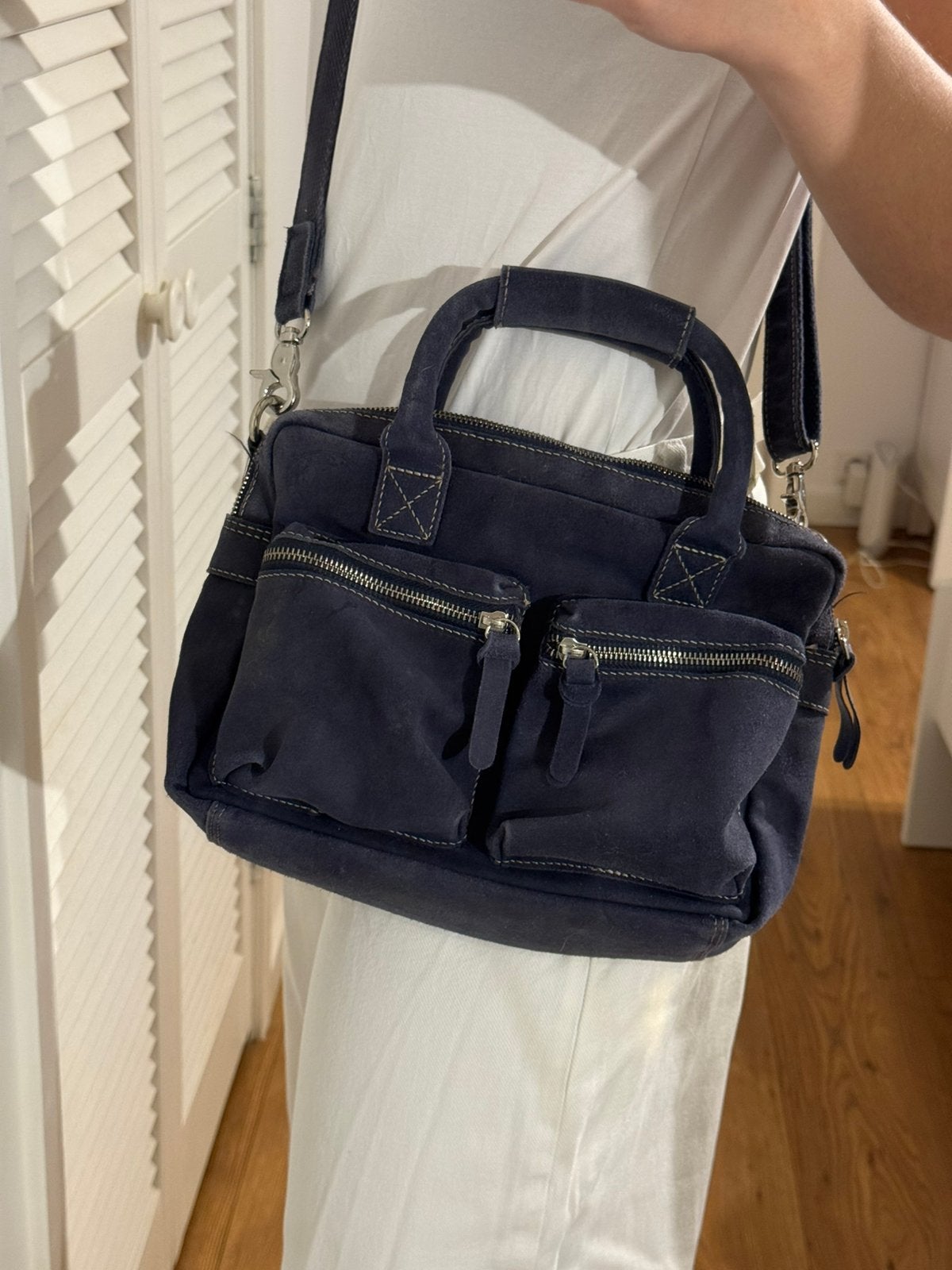 Vintage blauwe leren boho schoudertas, Overige merken, Zo goed als nieuw, Leer, Verzenden
