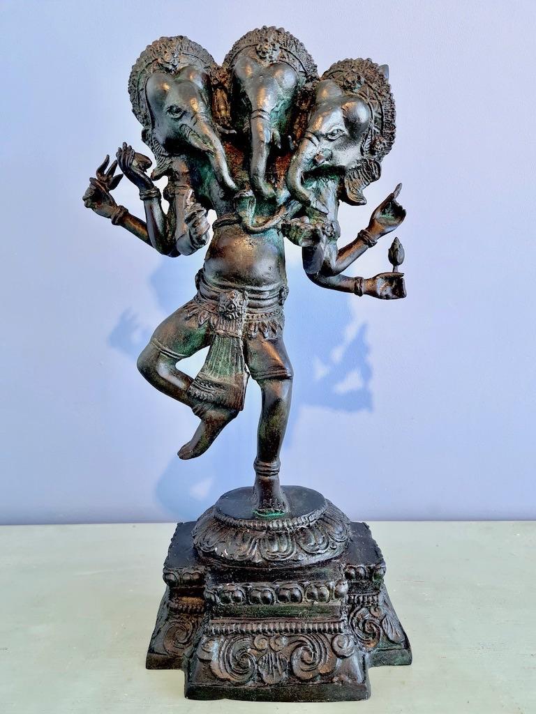 70 EURO VOORDEEL! TRIMUKHI GANESHA BEELD BRONS 39 CM, Ophalen of Verzenden, Zo goed als nieuw, Religie