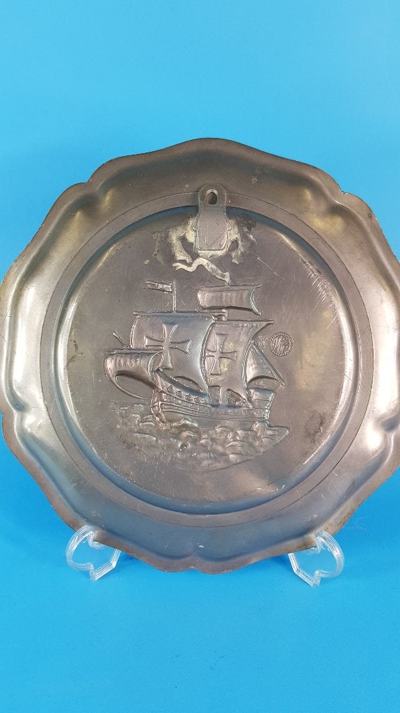 Tinnen wandbord, engeltjestin, 23 cm, schip. 7A4, Antiek en Kunst, Antiek | Tin, Ophalen of Verzenden