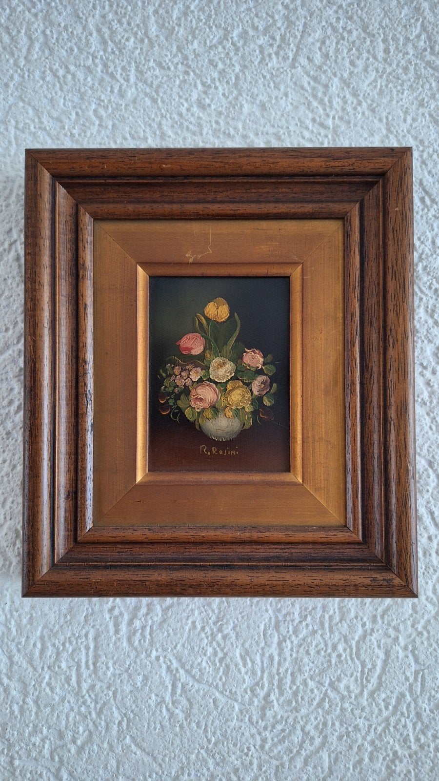 Bloemenschilderij gesigneerd R. Rosini, Bloemen, Paneel, Ophalen of Verzenden, Olieverf