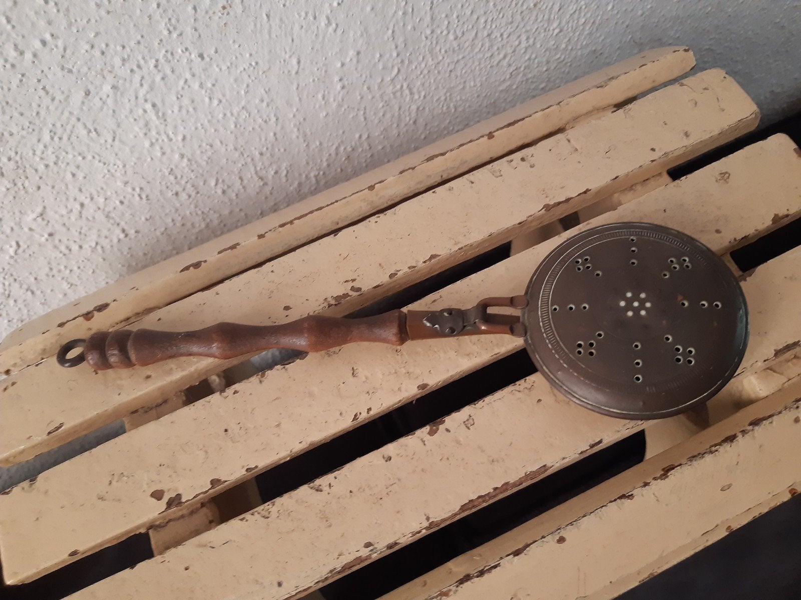 Kleine ouderwetse beddepan hout koper ,mooie patina, Ophalen of Verzenden