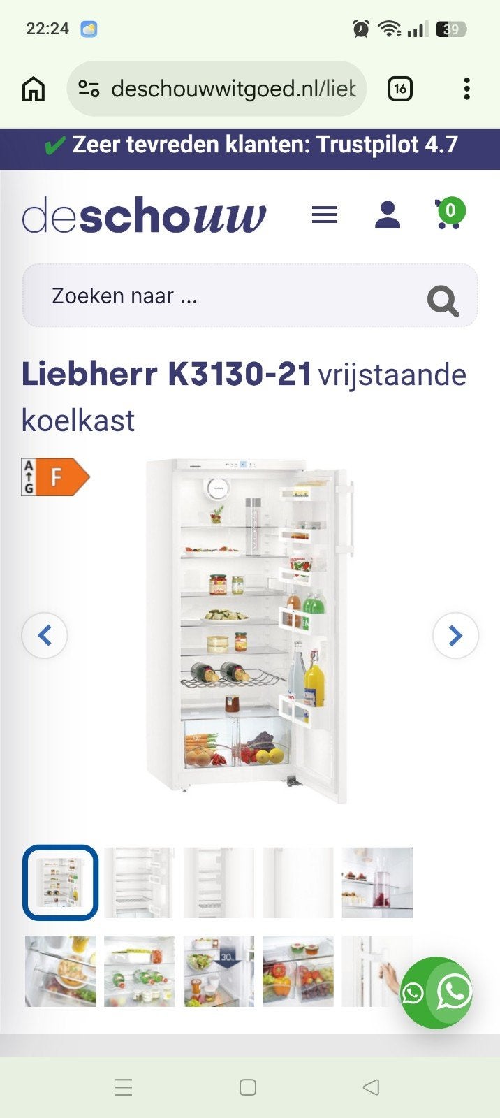 Liebherr K3130-21 Vrijstaande Koelkast - Energieklasse F, 200 liter of meer, 60 cm of meer, Zonder vriesvak, Gebruikt