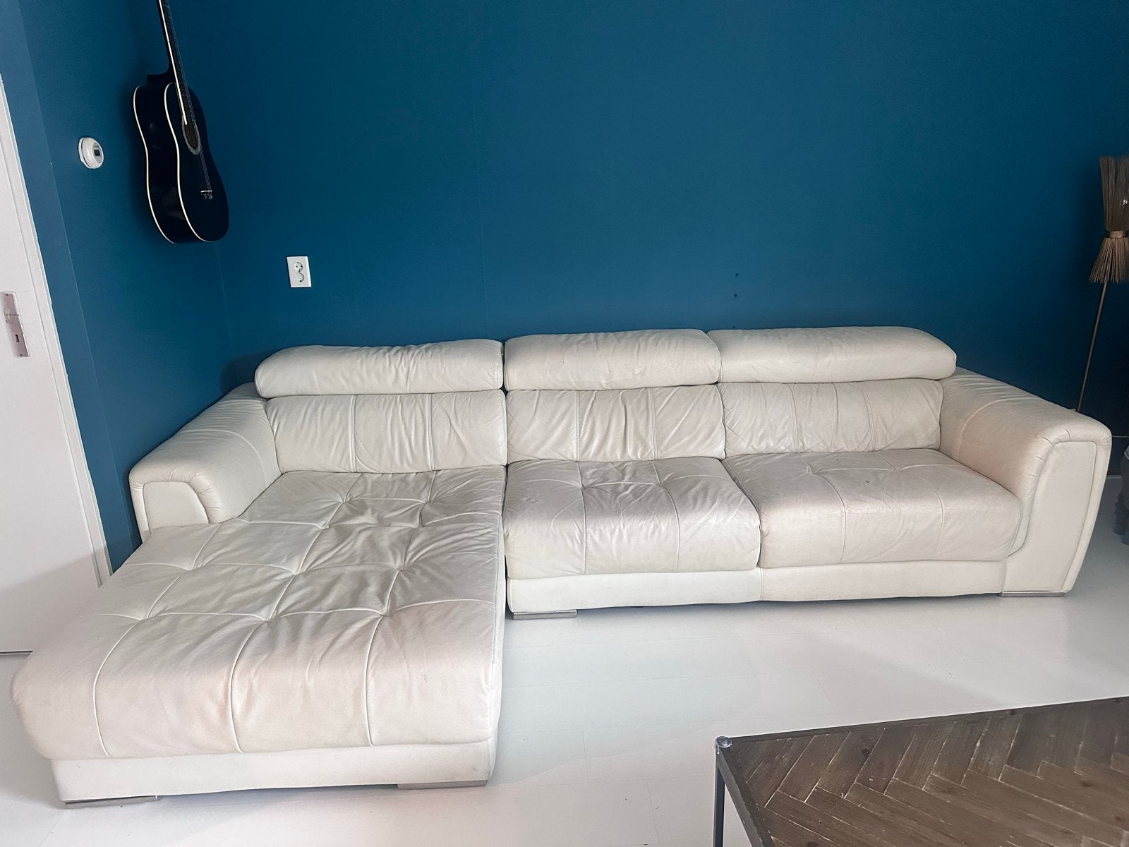 GRATIS! Grote Leren Hoekbank met Chaise Longue, Ophalen, Gebruikt, Hoekbank, 300 cm of meer