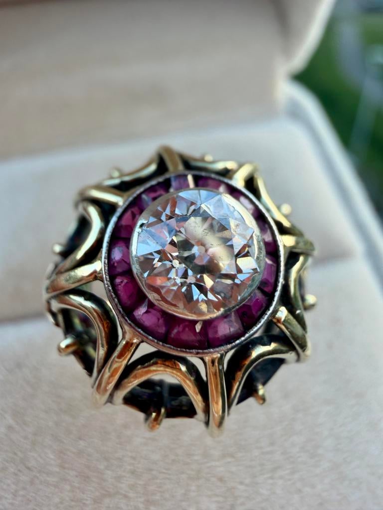 14k Gouden Ring met 1.24ct Diamant en 0.36ct Robijn, Sieraden, Tassen en Uiterlijk, Ringen, Gebruikt, Ophalen of Verzenden, 17 tot 18