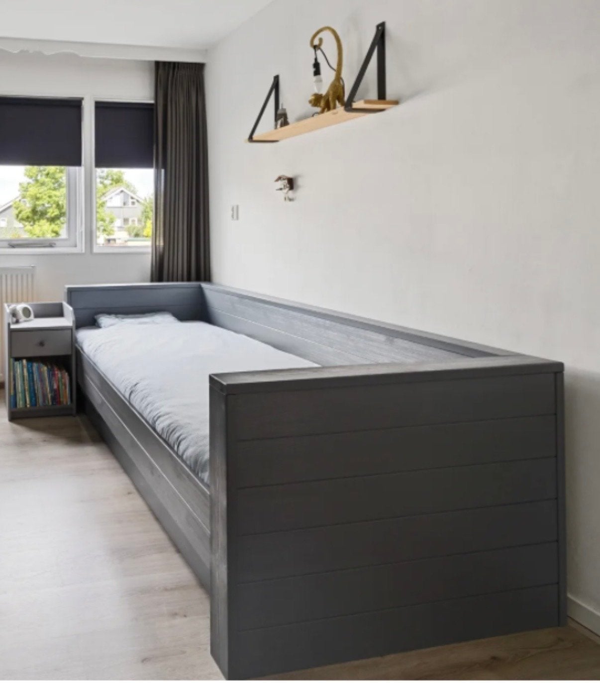 Woood Dennis Bedbank met lade - Grijs, Huis en Inrichting, Slaapkamer | Bedden, Ophalen, Gebruikt, 90 cm, Eenpersoons