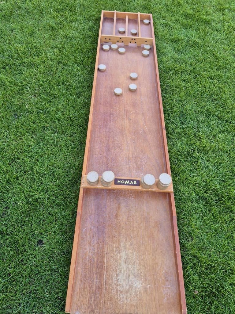 Oude Homas sjoelbak met 30 brikken schijven, Hobby en Vrije tijd, Gezelschapsspellen | Overige, Vijf spelers of meer, Ophalen