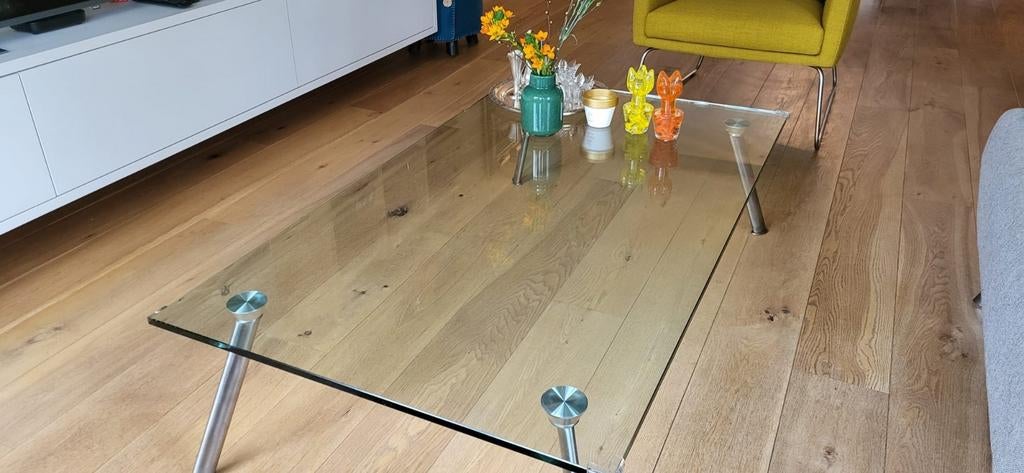 Glazen salontafel van Eijerkamp - 140x80 cm, Huis en Inrichting, Tafels | Salontafels, Ophalen, 100 tot 150 cm, 50 tot 100 cm