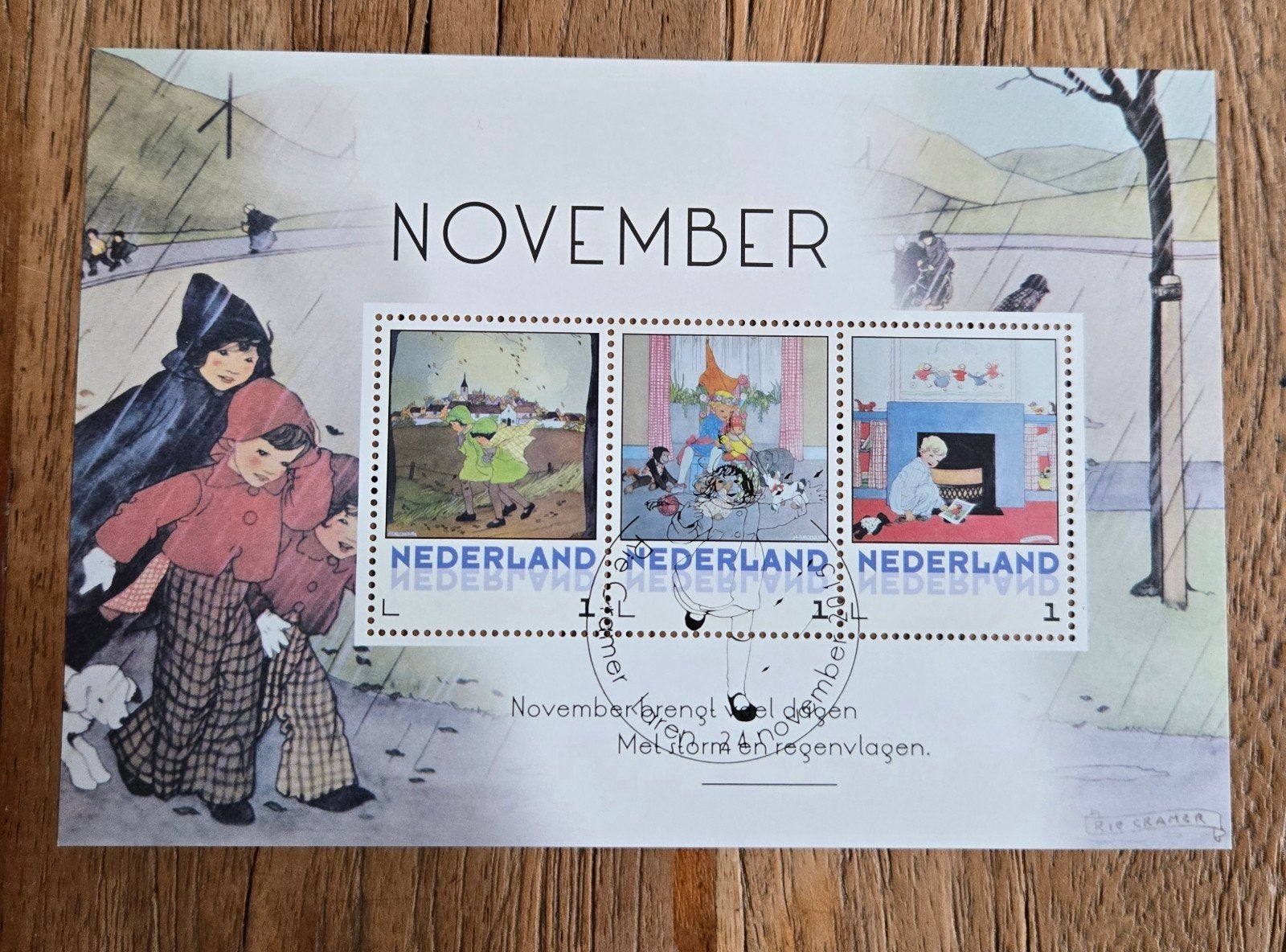 November Ansichtkaart met Postzegels - Rie Cramer, Verzamelen, Ophalen of Verzenden, Voor 1920, Ongelopen