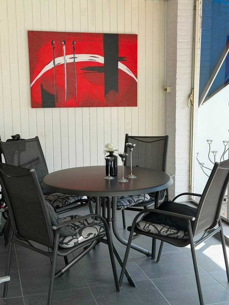 Tuinset antraciet  ronde tafel, 4 stoelen en kussens, Tuin en Terras, Ophalen, 4 zitplaatsen, Gebruikt, Eettafel
