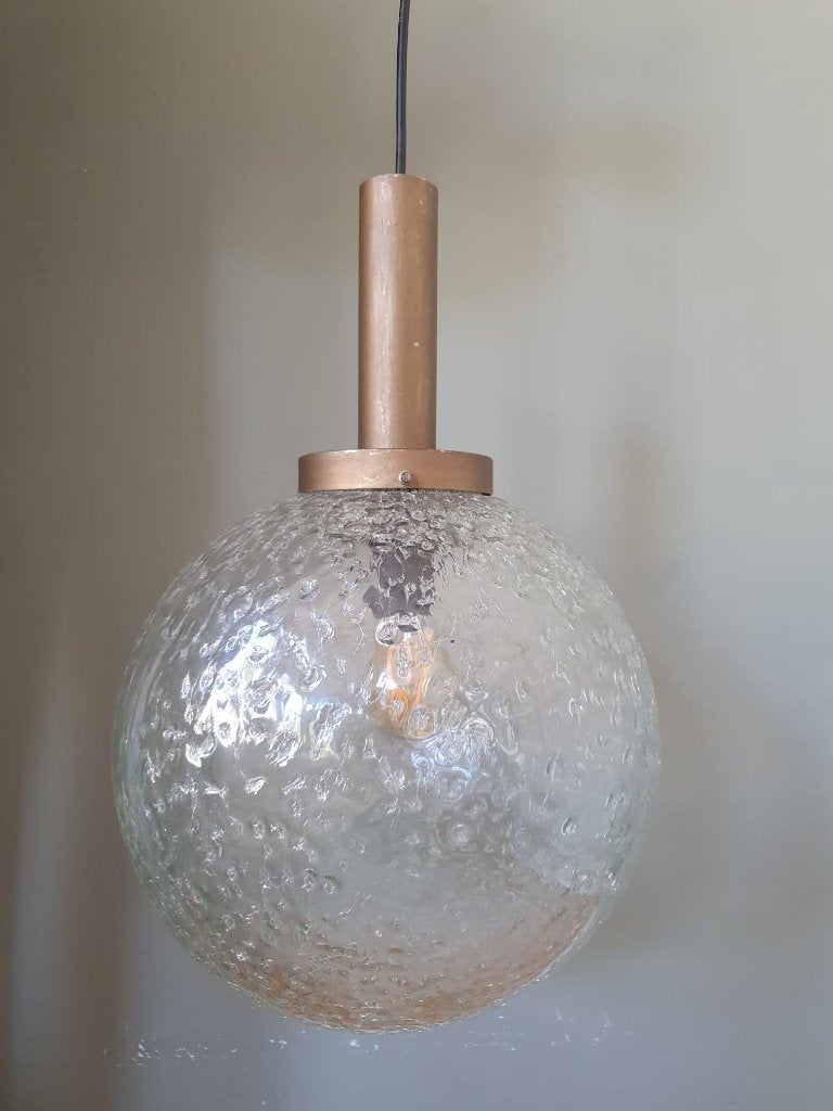 Large Hollywood Regency hang/bol lamp met bubble glass., Gebruikt, E27 (groot), Ophalen of Verzenden, Glas