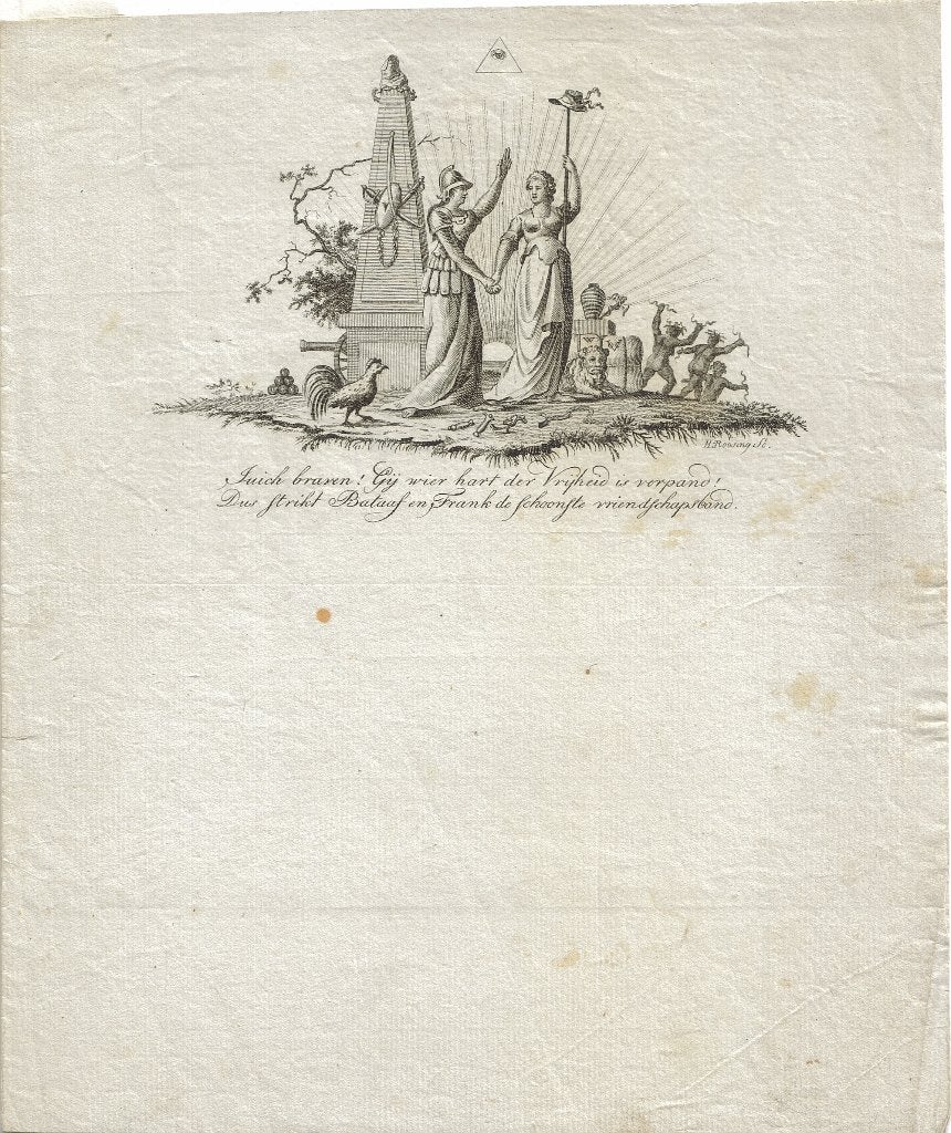 Hendrik Roosing gravure "Patriottisch Briefpapier", Ophalen, 1800 - 1899, Mythologie, Gravure