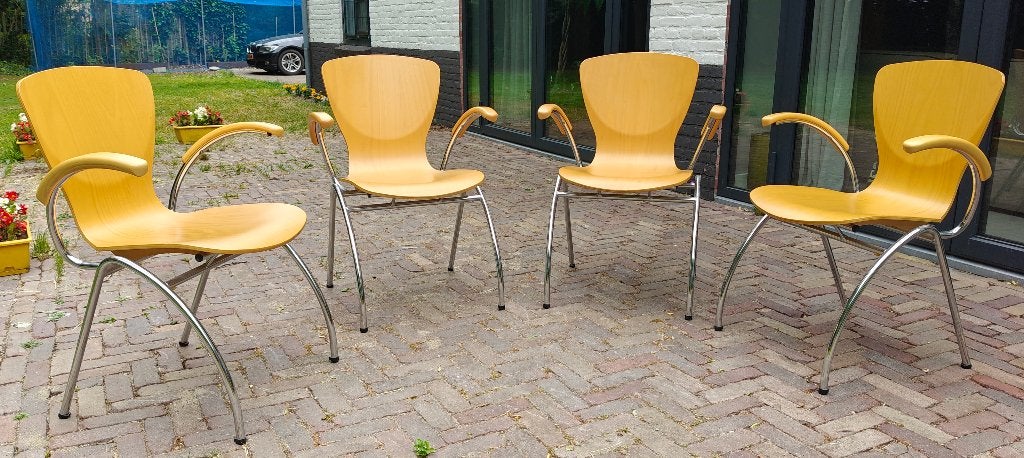 Vintage hout-chroom stoelen, Dutch design(4), Ophalen, Gebruikt, Overige kleuren, Vintage Dutch design houten kuip chromen onderstel
