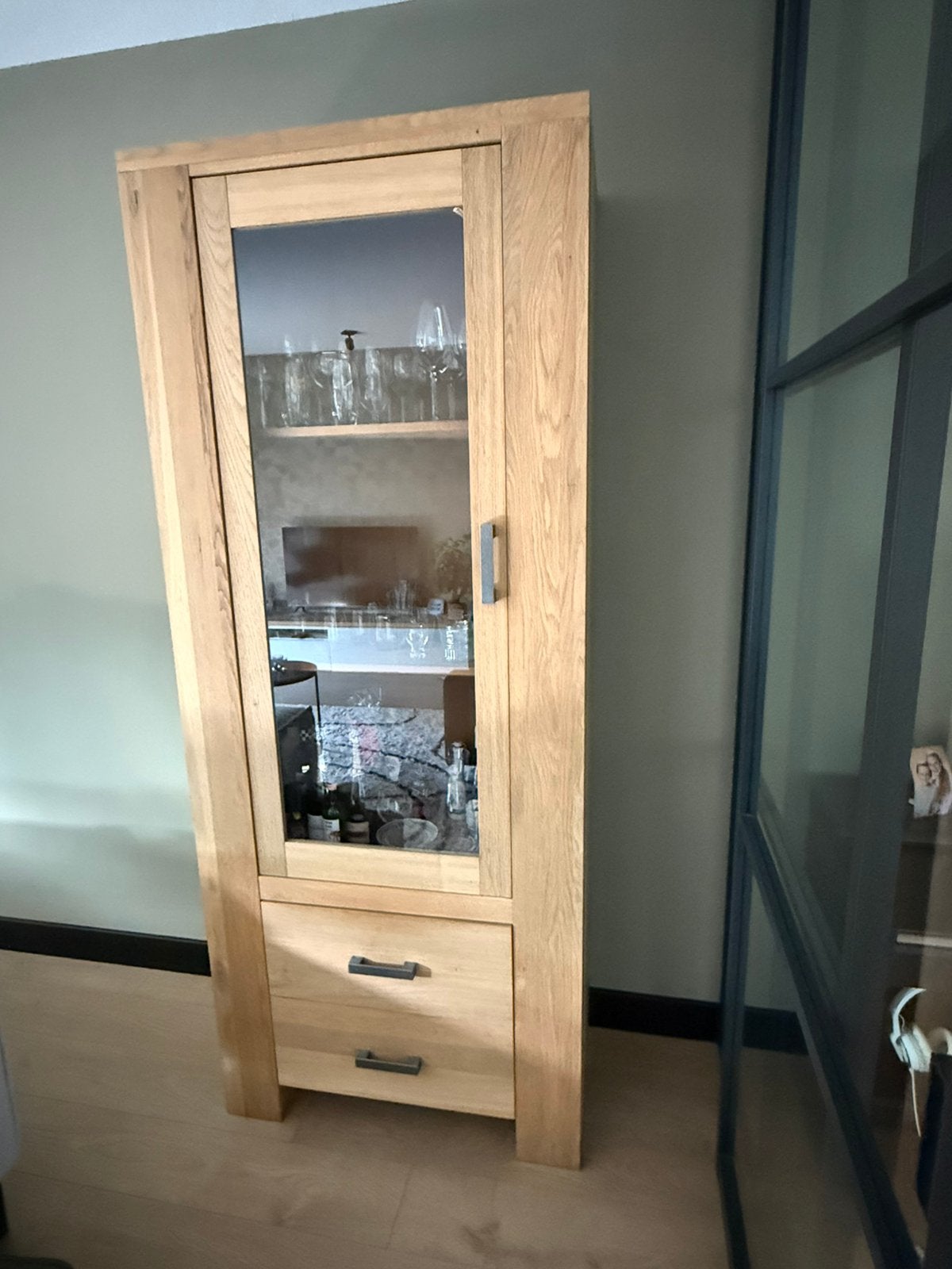 Gestoomd eiken vitrine kast, Ophalen, 200 cm of meer, Eikenhout, 50 tot 100 cm