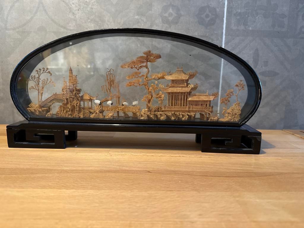 Vintage Chinees Kurk Diorama in Glazen Koepel, Ophalen