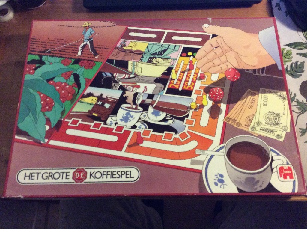 het grote D.E. koffiespel. vintage bordspel van Jumbo 1985, Vijf spelers of meer, Ophalen of Verzenden, Gebruikt, Jumbo
