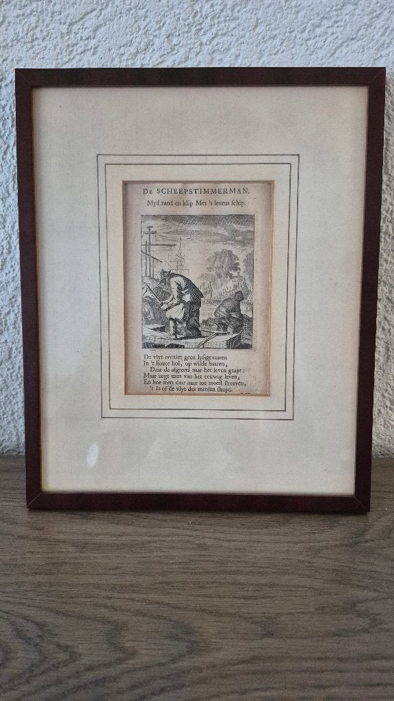 Ets Jan Luyken (1649-1712) – De Scheepstimmerman – ingelijst, Ets, Ingelijst, Dagelijks leven, 1600 - 1699