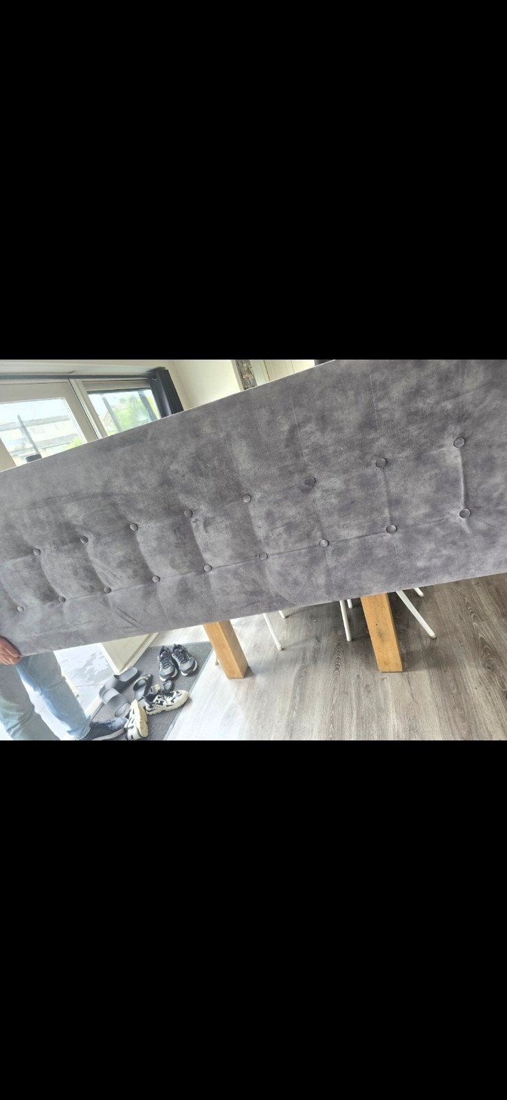 Voetbord bed 200 cm - Grijs stof, Gebruikt, Tweepersoons, Ophalen of Verzenden, Overige maten