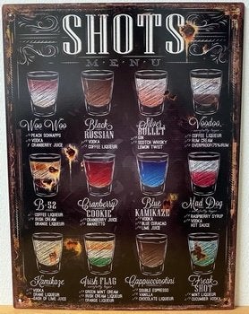 Shots menu shotjes reclamebord van metaal wandbord deco, Info@deconoord.nl, Deco Noord, Nieuw, Ophalen of Verzenden