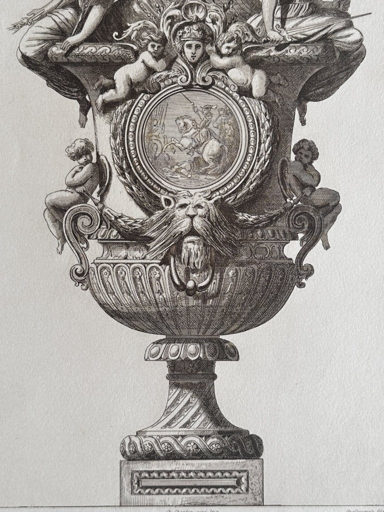 Antieke staalgravure - sierurn Vrede en Oorlog, Verzenden, Architectuur, Gravure, Blanco verso
