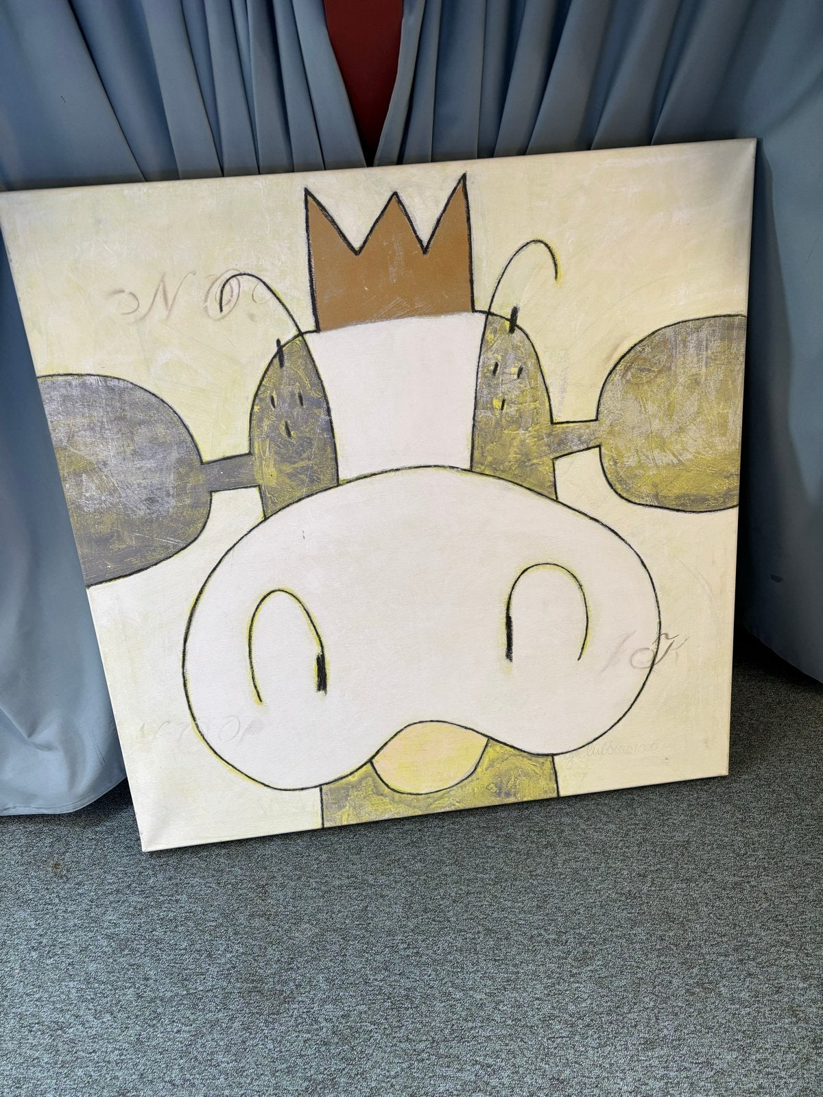 Leuk gek schilderij van koeienkop door Olga Lubbers (2006), Antiek en Kunst, Ophalen, Echtheidscertificaat, Dieren, Olieverf