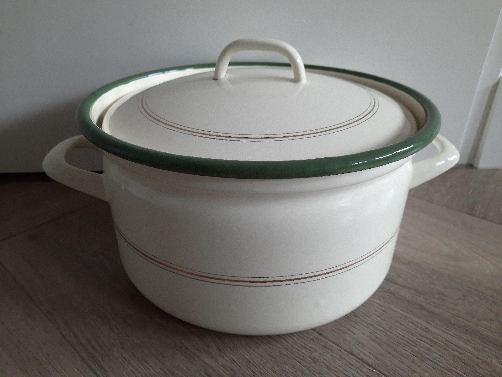 Vintage emaille pan met deksel - Crème/Groen, Antiek en Kunst, Antiek | Emaille, Ophalen of Verzenden