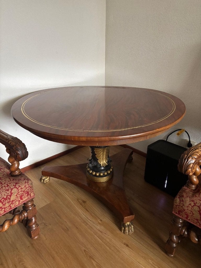 Antieke ronde salontafel met gouden accenten, Gebruikt, 50 tot 100 cm, Rond, Klassiek, Antiek, Empire