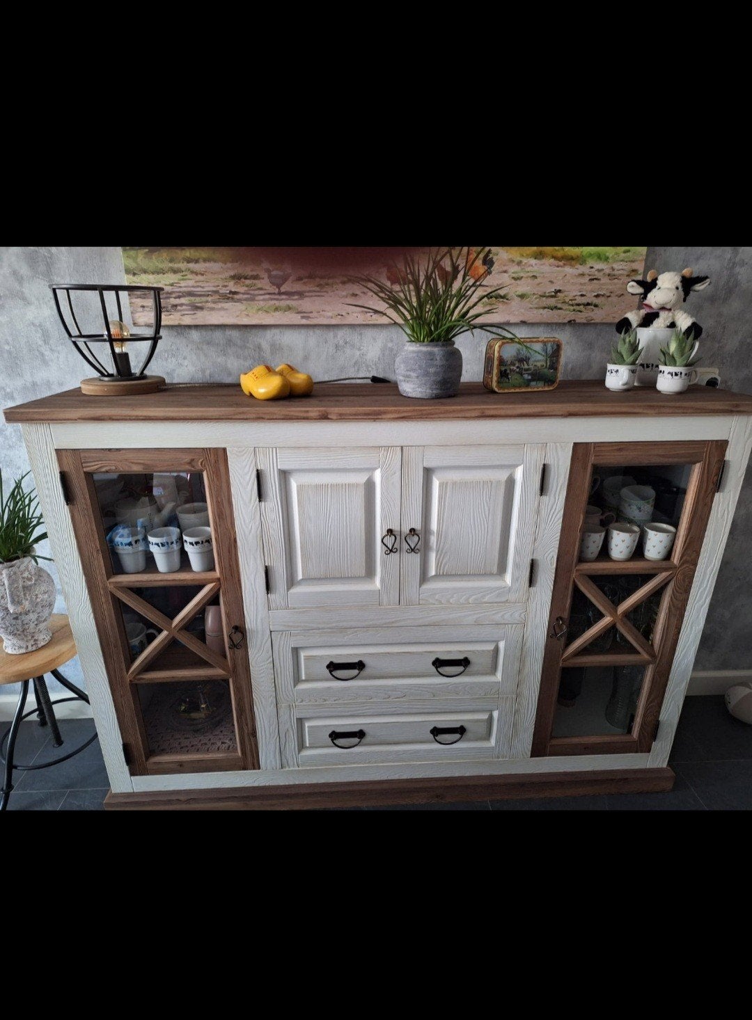 MOOI LANDELIJKE  DRESSOIR BUFFET KAST MET GLAZEN DEURTJES, Ophalen, Gebruikt, Met deur(en), 150 tot 200 cm