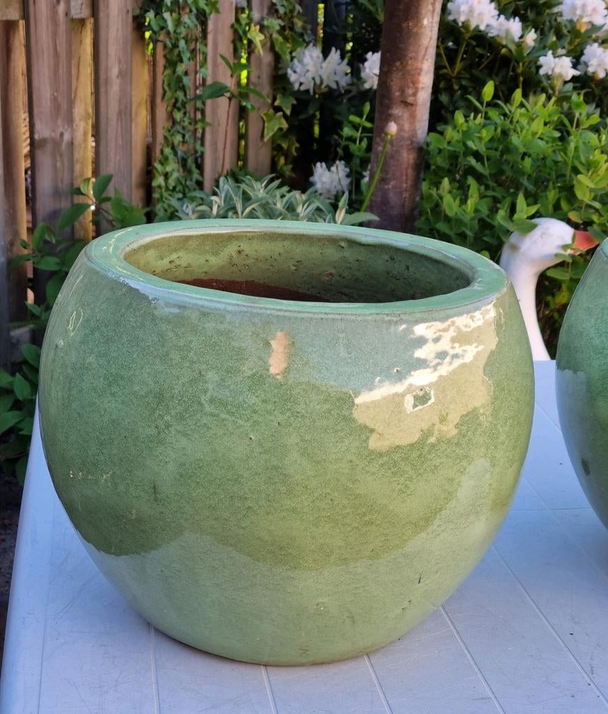 💥  LIME GROENE BLOEMPOT   zwaar terracotta, Tuin en Terras, Ophalen, Steen, Gebruikt, Rond