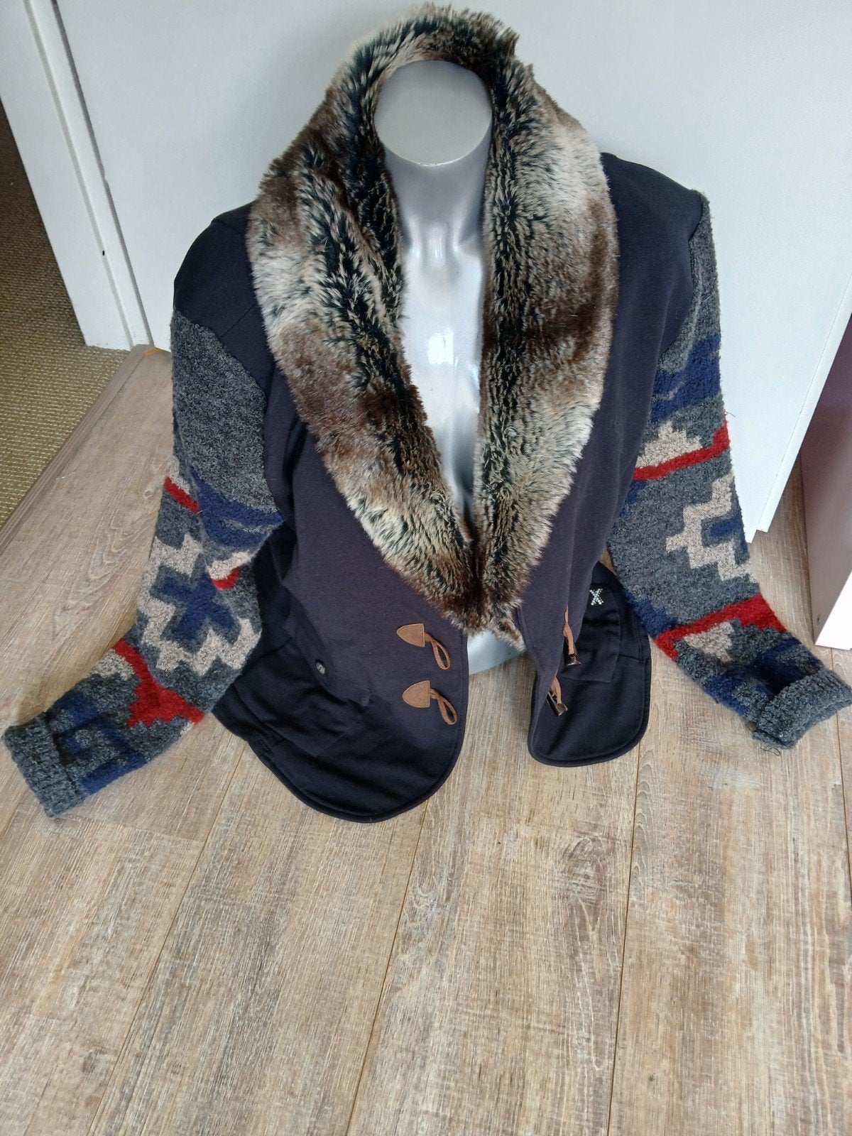 Anna Blue jas met bontkraag en gebreide mouwen, Blauw, Anna Blue, Maat 46/48 (XL) of groter, Ophalen of Verzenden