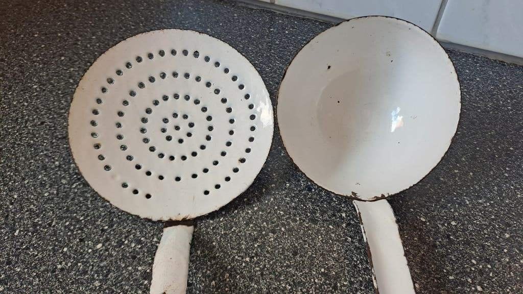 Vintage geëmailleerde pollepel en schuimspaan, Ophalen of Verzenden