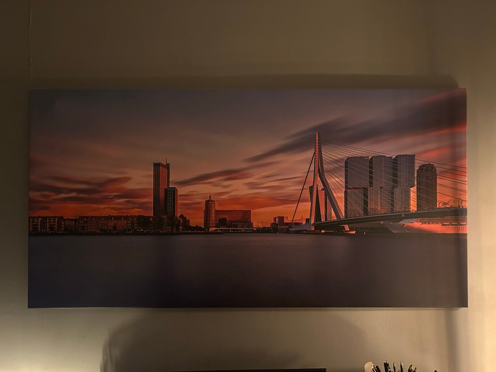 Canvas schilderij Rotterdam skyline zonsondergang, Ophalen, Gebruikt, 125 cm of meer, Print