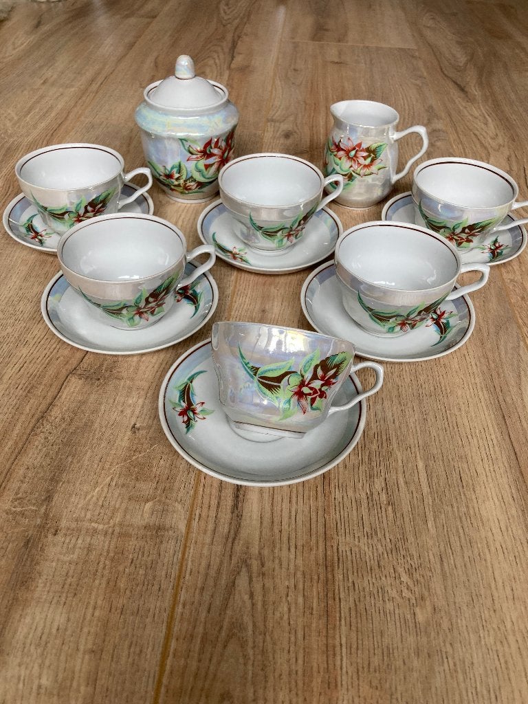 Vintage Baranivka suikerpot, roomkan met zes kop en schotels, Overige typen, Ophalen of Verzenden, Zo goed als nieuw, Overige stijlen