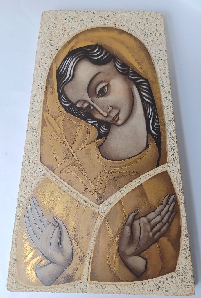 reliëf of keramische tegel Maria met open handen, 30 cm, Meerkleurig, Wanddecoratie, Ophalen of Verzenden