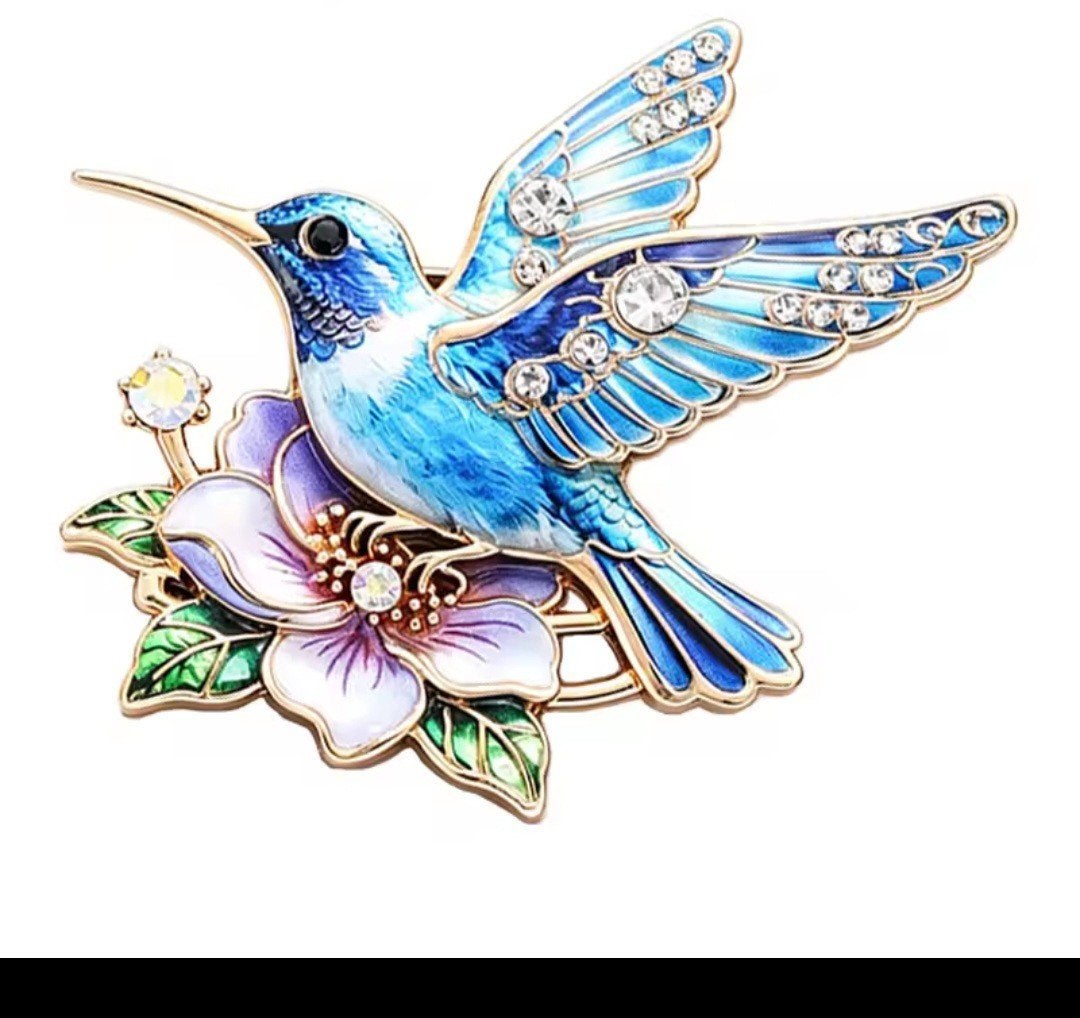 Nieuwe Broche Kolibrie met Bloem en Strass, Ophalen, Overige materialen, 4 tot 7 cm, Blauw