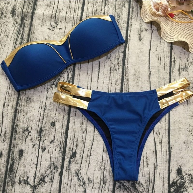 Gouden blauwe push up bikini brazilian dames vrouwen, Verzenden, Meerkleurig, Bikini