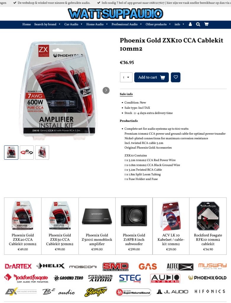 Phoenix Gold ZXK10 10mm2 kabelset / versterker aansluit set, Hifi-Focus, Aalsmeerderweg 173 1432 CL, Aalsmeer, Nieuw, Ophalen of Verzenden
