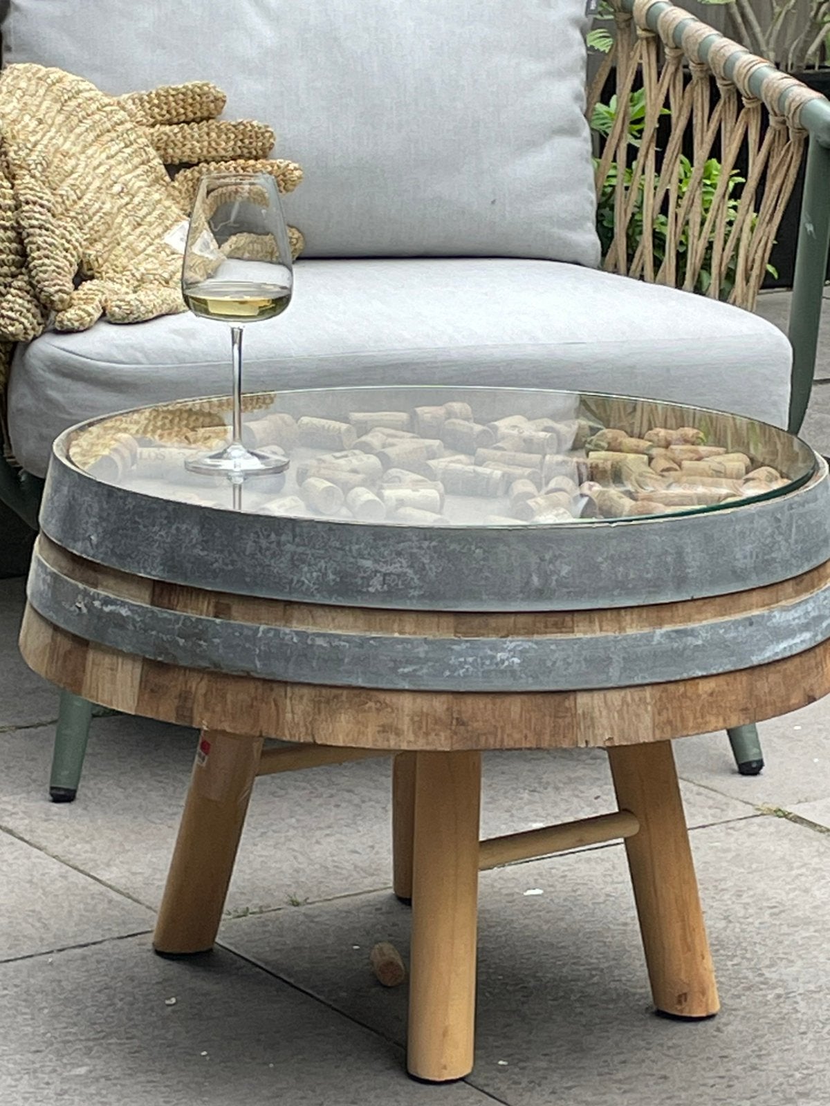 Originele tuintafel van wijnton met glasplaat, Tuin en Terras, Ophalen, Nieuw, Rond, Hout