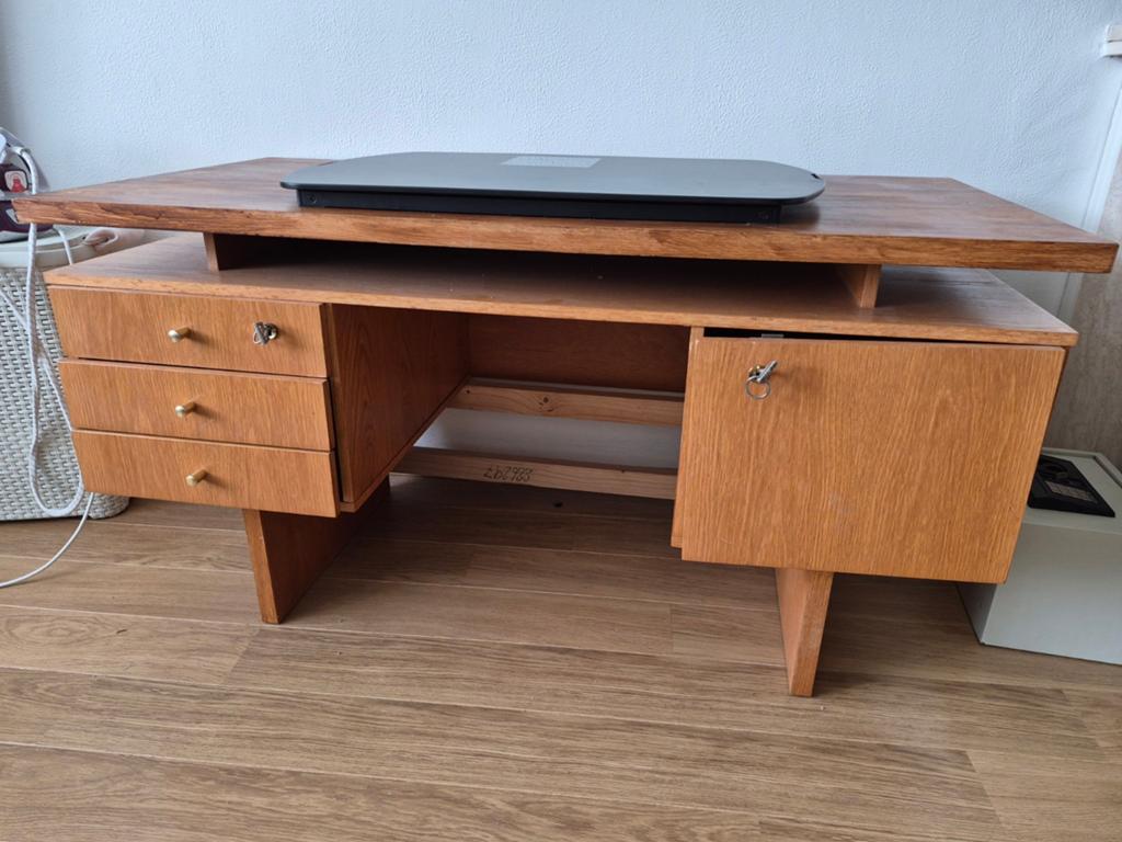 Vintage 70s Bureau - Massief Hout - 70x140cm, Demontabel, Gebruikt, Hout, Vintage