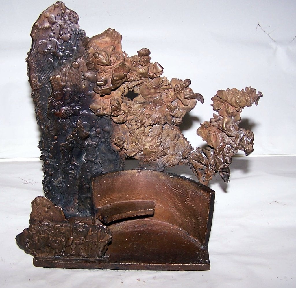 Brons met koper sculptuur Bankje in park. 1999 met merkteken, Art deco, Ophalen of Verzenden, Brons, Scène