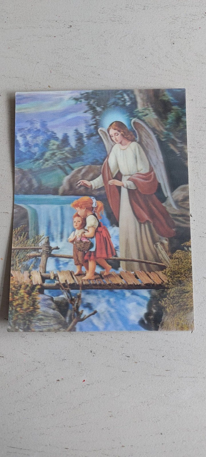 Vintage 3D Ansichtkaart Religieuze afbeelding Engel Kindere, Ophalen of Verzenden, 1960 tot 1980, Ongelopen, Cultuur en Media