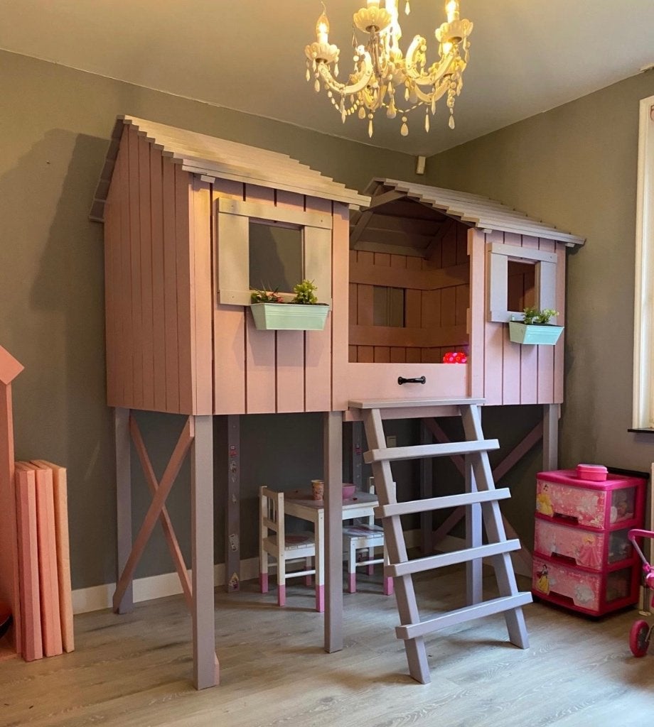 Hoogslaper bed boomhut roze met raampjes, Ophalen, Zo goed als nieuw, Hoogslaper