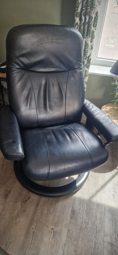 Zwart leren Stressless  fauteuil  met hocker, Huis en Inrichting, Fauteuils, Ophalen of Verzenden, 75 tot 100 cm, Leer, 50 tot 75 cm