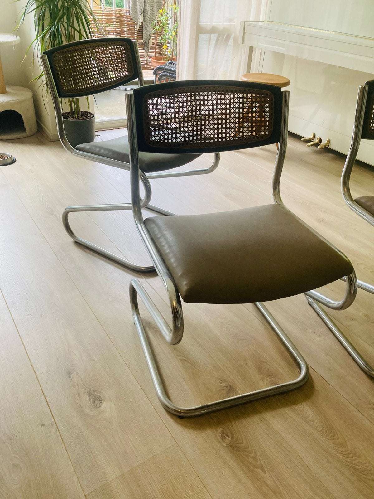 Vintage Bauhaus stijl buisframe stoelen met rotan rug, Ophalen