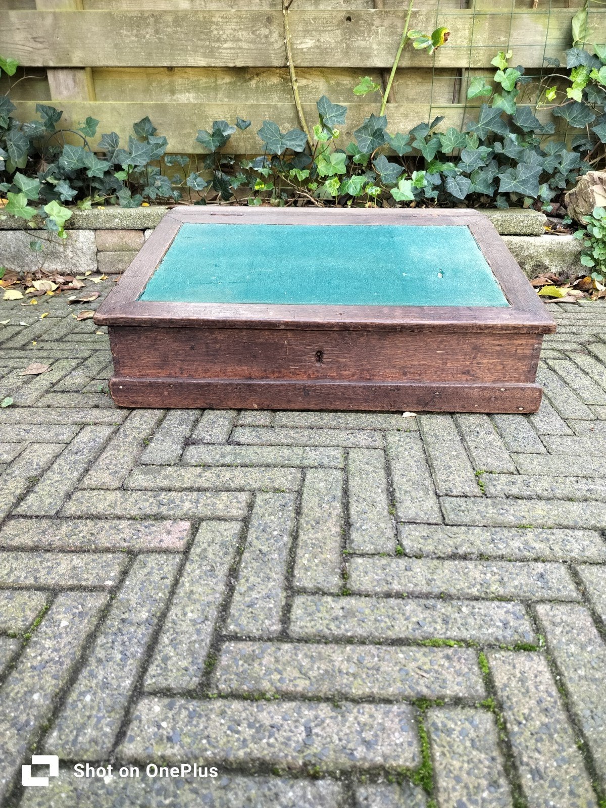 Antiek houten bureau met groen vilt (61x53x52 cm), Ophalen
