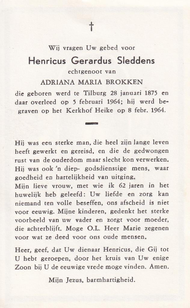Sleddens Henricus 1875 Tilburg 1964, Ophalen of Verzenden, Bidprentje