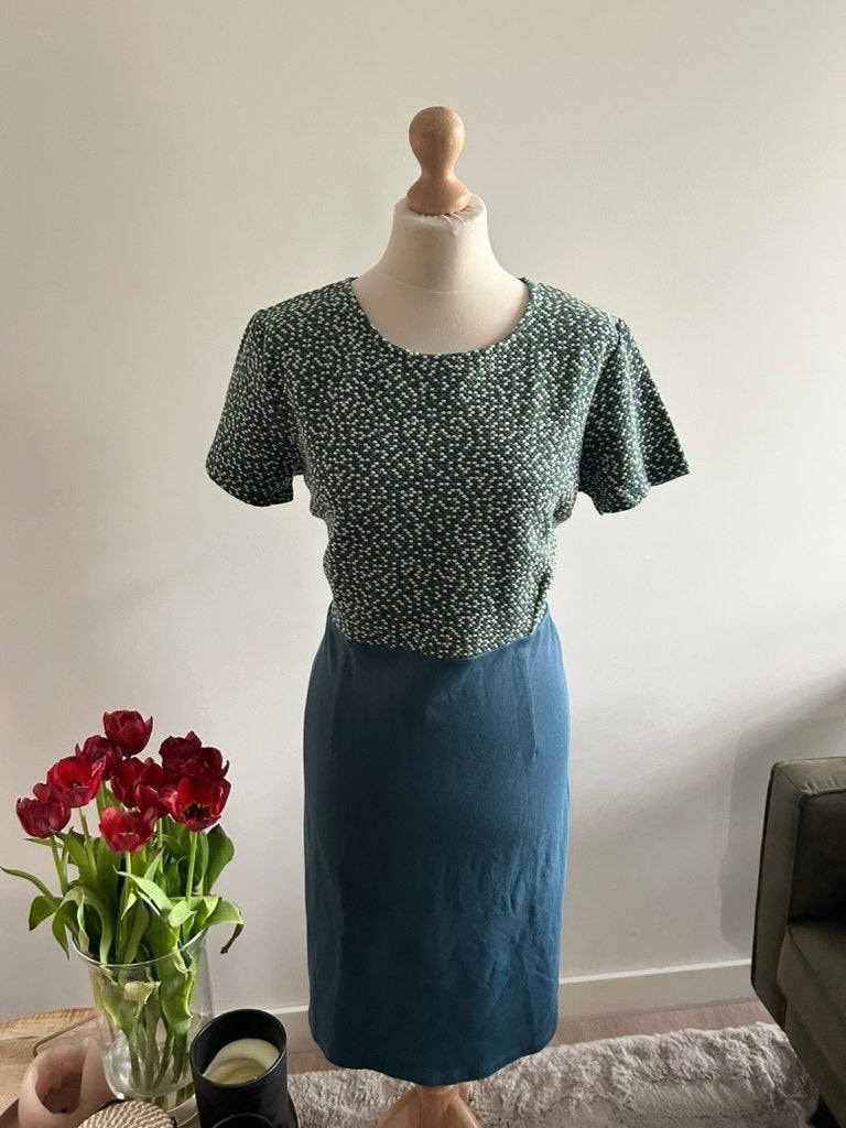 King Louie maat XL prachtige classy stipjes jurk 3267, Blauw, Maat 46/48 (XL) of groter, Ophalen of Verzenden, Zo goed als nieuw