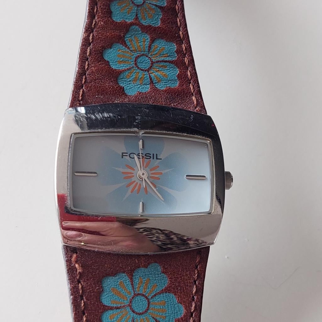 Vintage Fossil Horloge met Bloemenprint - Origineel, Staal, Fossil, Polshorloge, Ophalen of Verzenden