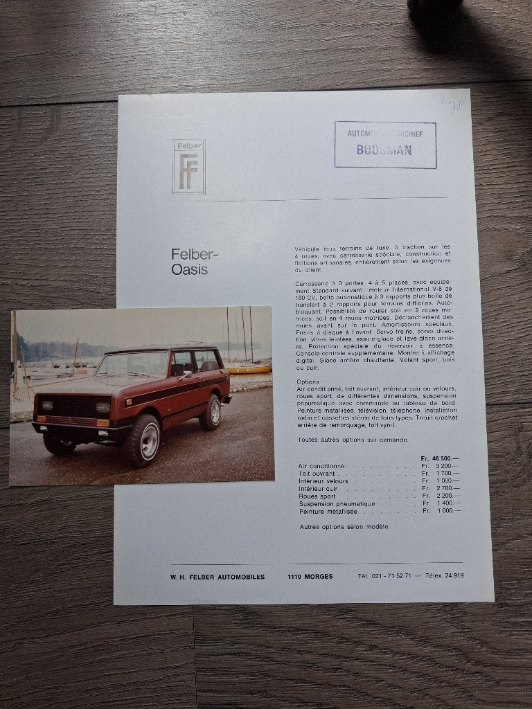 FF Felber Oasis 1978 spec. blad + foto, Boeken, Ophalen of Verzenden, Zo goed als nieuw, Overige merken