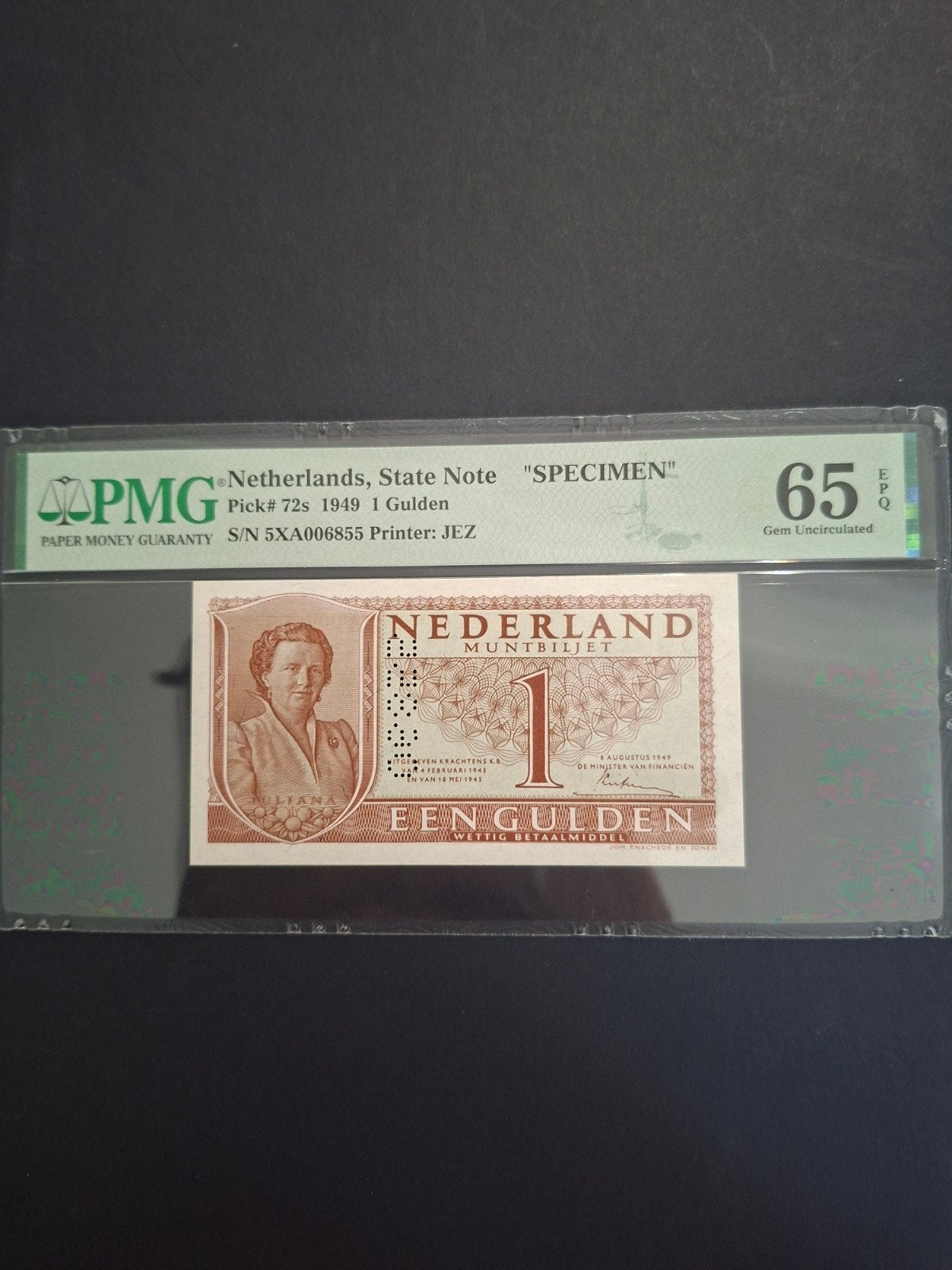 1 gulden Juliana Specimen uit 1949
In UNC Gekeurd PMG 65, Ophalen of Verzenden, 1 gulden, Los biljet