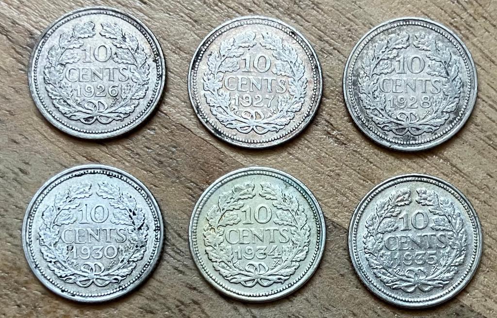 10 cent 1926, 1927, 1928, 1930, 1934 en 1935 Wilhelmina, Ophalen, Setje, Zilver, 10 cent